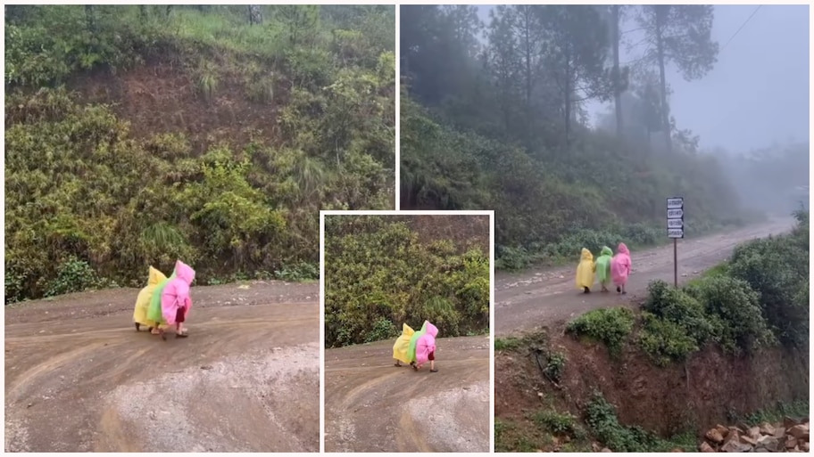रिमझिम फुहारें और नन्हे कदम: पहाड़ों पर एक-दूसरे का हाथ थामे स्कूल जाते बच्चों का सबसे प्यारा VIDEO वायरल